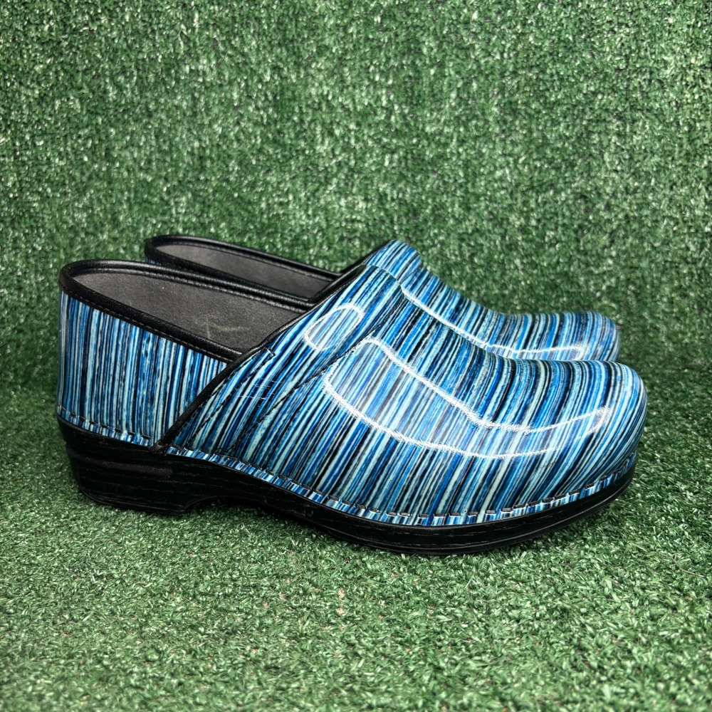 Dansko XP Pro Striped Patent Leather Slip Resistant Comfort Clog Blue Womens 11